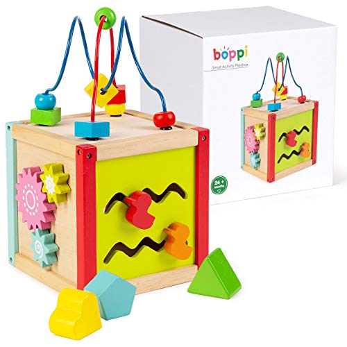 boppi 5 in 1 hölzerner Aktivitätswürfel 2-Wege-Perlenlabyrinth Achterbahn Sensorisches Babyspielzeug mit Uhr Zahnrad Drechsler Formensortierer und Entenschieber Multifunktionale Lernspielbox von boppi