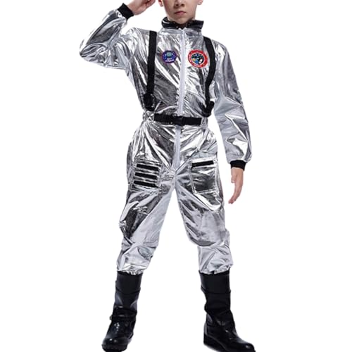 Astronaut Kostüm Teenager Weltall Raumfahrer Outfit Glänzend Karneval Kostüm Overall Metallic Langarm Jumpsuit Spaceman Cosplay Paar Kostüm Rollenspiel Verkleidung Faschingskostüme Silver von boseucn
