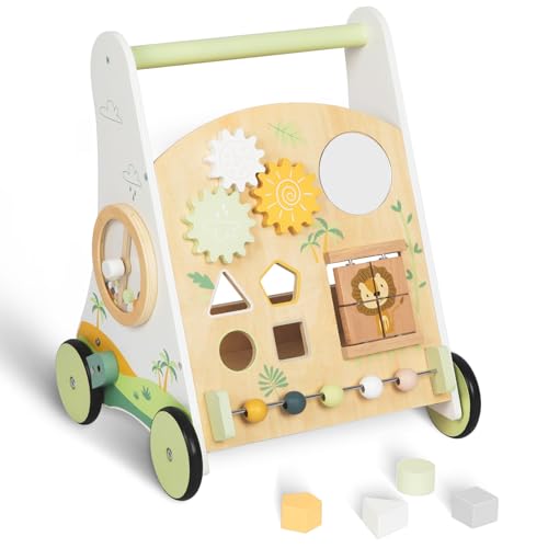 Holz Baby Push Walker Einstellbare Geschwindigkeit Montessori Walker mit Aktivitätszentrum für Jungen, Mädchen und Kleinkind Spielzeug für Alter 1-3 Jahre von bpmfkid