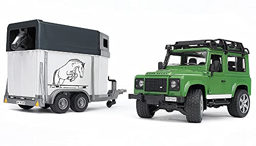 bruder 02592 - Land Rover Defender mit Pferdeanhänger & 1 Pferd - 1:16 Pick-up Geländewagen Jeep Hengst Spielzeug Offroad-Fahrzeug Reiterhof Pferdehof Bauernhof Zubehör von bruder