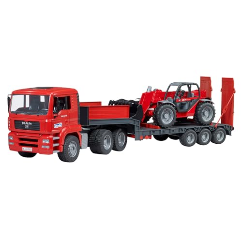 bruder 02774 - Man TGA Tieflader mit Manitou Teleskoplader MLT 633-1:16 Fahrzeuge, Tieflader, Transporter, LKW, Radlader, Spielzeug ab 3 Jahre von bruder