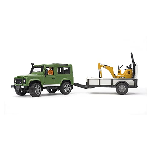 Bruder 2593 Land Rover Defender with One Axle Trailer, JCB Micro Excavator and Worker von bruder