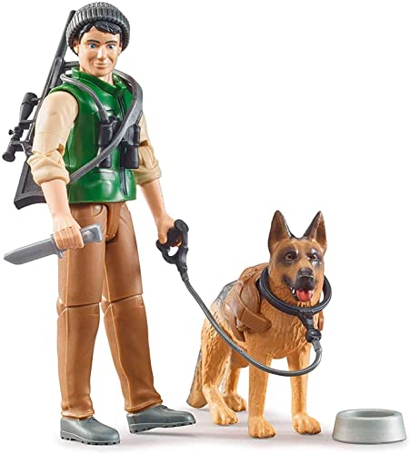 bruder 62660 - Bworld Förster mit Schäferhund, Gewehr, Fernglas, Jagdmesser - 1:16 Forstwirtschaft Figur Mann Jäger Wald-Arbeiter Bauernhof Holztransporter Land Rover Baumstämme von bruder