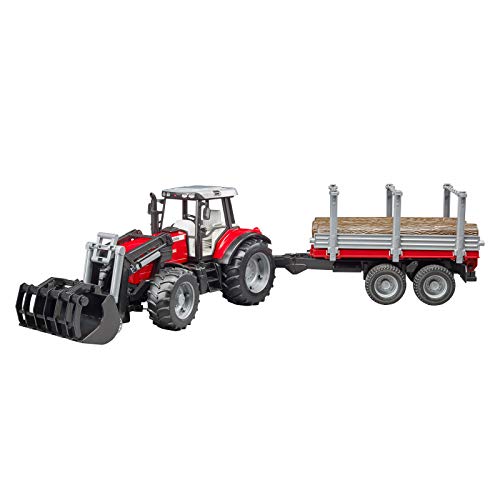 bruder 02046 - Massey Ferguson 7480 mit Frontlader, Holztransportanhänger, 3 Baumstämmen - 1:16 Traktor Trecker Schlepper Transportanhänger Tieflader Landwirtschaft Bauernhof Spielzeug von bruder