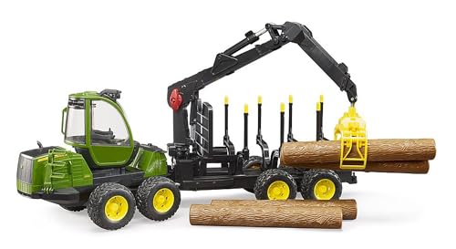 bruder 02133 - John Deere 1210E Rückezug mit 4 Baumstämmen & Holzgreifer - 1:16 Fahrzeug, Bauernhof, Landwirtschaft, Forstwirtschaft, Waldarbeit, Traktor, Schlepper, Holztransporter, Spielzeug von bruder