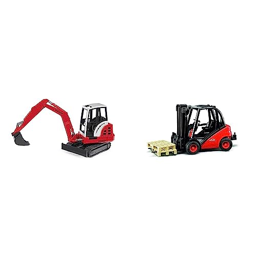 bruder 02432 - Schaeff HR16 Minibagger - 1:16 Baustelle Baufahrzeug Löffelbagger Arbeiter bworld Baumaschine Spielzeug & 02511 - Linde Gabelstapler H30D mit Anhängerkupplung & 2 Paletten von bruder