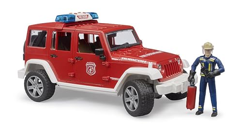 bruder 02528 - Jeep Wrangler Unlimited Rubicon Feuerwehrfahrzeug mit Feuerwehrmann & Light and Sound Modul - 1:16 Einsatzfahrzeug Feuerwehr-Auto Notruf Löschfahrzeug Spielzeug-Figur Mann von bruder