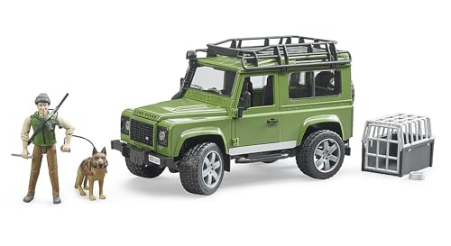 bruder 02587 - Land Rover Defender Station Wagon mit Förster & Hund - 1:16 Geländewagen Jeep Pick-up Jäger Waldarbeiter Schäferhund Spielzeug-Figur von bruder