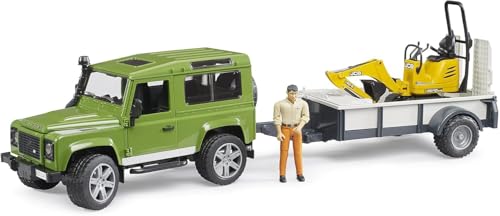 bruder 02593 - Land Rover Defender Station Wagon mit Einachsanhänger, JCB Mikrobagger 8010 Cts, Bauarbeiter - 1:16 Pick-up Geländewagen Jeep Fahrzeug Bagger Baufahrzeug bworld Arbeiter Spielzeugfigur von bruder