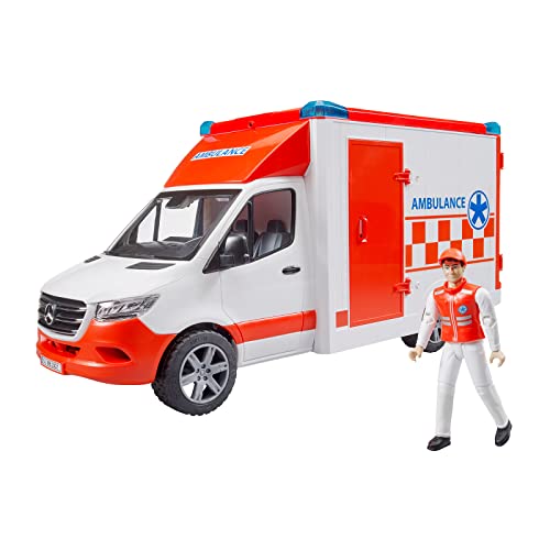 bruder 02676 - Mercedes-Benz Sprinter Ambulanz integriertes Light & Sound Modul Krankentrage Fahrer Einsatzfahrzeug Sanitäter Rettungswagen Rettungs-Dienst bworld 1:16 von bruder