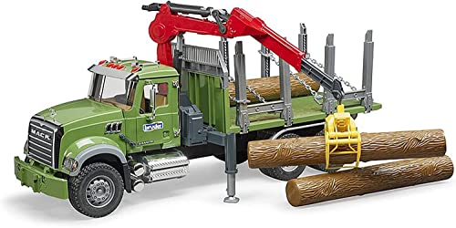 bruder 02824 - Mack Granite Holztransport-LKW mit Ladekran, Greifer & 3 Baumstämmen - 1:16 Holztransporter Lastwagen Laster Truck von bruder