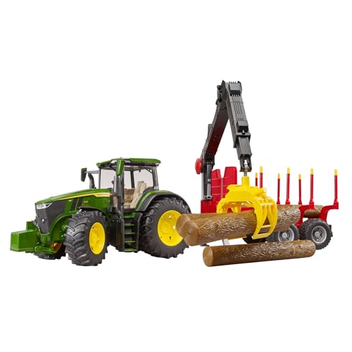 bruder 03154 - John Deere 7R 350 mit Rückeanhänger & 4 Baumstämmen - 1:16 Bauernhof Landwirtschaft Forstwirtschaft Waldarbeit Traktor Trecker Schlepper Bulldog Holztransporter Spielzeug Fahrzeug von bruder