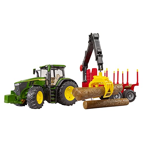 bruder 03154 - John Deere 7R 350 mit Rückeanhänger & 4 Baumstämmen - 1:16 Bauernhof Landwirtschaft Forstwirtschaft Waldarbeit Traktor Trecker Schlepper Bulldog Holztransporter Spielzeug Fahrzeug von bruder