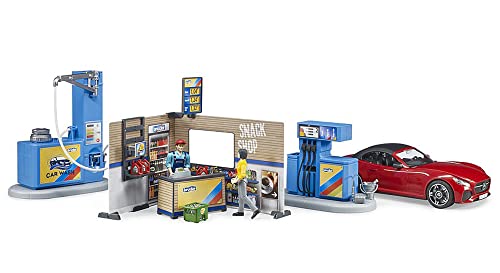 bruder 62111 - Bworld Tankstelle mit Zapfsäule, Ladestation E-Autos, Roadster, Fahrerin, Waschplatz, Tankwart - 1:16 Spiel Set, Waschanlage, PKW, Rennauto, Spielzeug, Auto von bruder