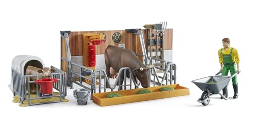 bruder 62611 - Bworld Kuh- und Kälberstall mit Landwirt & Zubehör - 1:16 Bauernhof Landwirtschaft Bauer Stall Stier Tiere Spielzeug von bruder