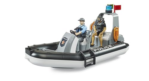 bruder 62733 - Bworld Polizei Schlauchboot mit Polizisten, Taucher & Zubehör - 1:16 Rettungsdienst Einsatz Rettungsschwimmer Polizeiboot Wasser-Spielzeug von bruder