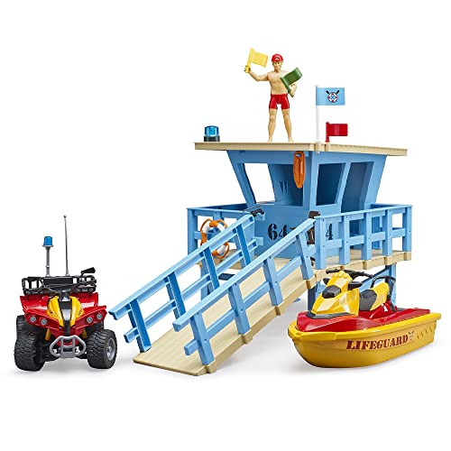 bruder 62780 - Bworld Life Guard Station mit Quad & Personal Water Craft - 1:16 Rettungsschwimmerin Rettungsstation Bademeister Fahrzeug Spielzeug Themenset von bruder