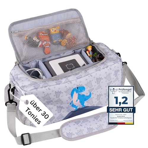 bunnyboo Toniebox Tasche für 30 Hörfiguren - Ideale Tonie Aufbewahrung - Tonie Tasche XXL - Ausreichend Platz für Toniebox, Hörfiguren, Ladekabel und Kopfhörer - Inkl. Schultergürtel… (Dino) von bunnyboo