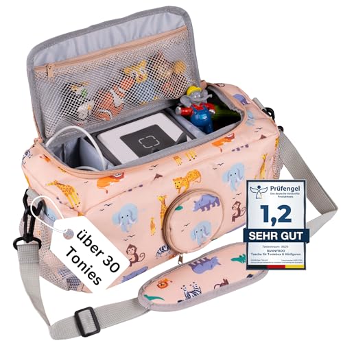 bunnyboo Toniebox Tasche für 30 Hörfiguren - Ideale Tonie Aufbewahrung - Tonie Tasche XXL - Ausreichend Platz für Toniebox, Hörfiguren, Ladekabel und Kopfhörer - Inkl. Schultergürtel… (Safari) von bunnyboo