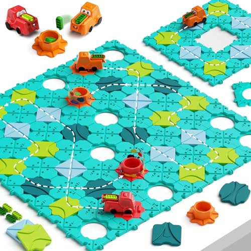 burgkidz Kinder Brettspiele, Gesellschaftsspiel Labyrinth Logische Straßenbauer mit Elektronische Lastwagen Spielzeug für Mädchen und Jungen, Pädagogische Geburtstagsgeschenke Lernspiel ab 4-8 Jahre von burgkidz