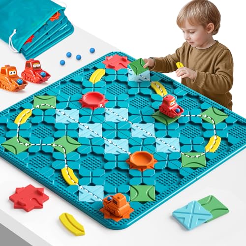 burgkidz Logischer Straßenbauer Brettspiele für Kinder 4 5 6 7 8 Jahre Jungen, 56 x 56 cm Großen Spielbrett Labyrinth Puzzle Logikspiel mit Rückzugbagger, Geschenke Kinderspielzeug für Alter 4-8 von burgkidz