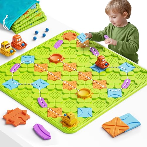 burgkidz Logischer Straßenbauer Brettspiele für Kinder 4 5 6 7 8 Jahre Jungen, 56 x 56 cm Großes Brett Labyrinth Puzzle Logik Spiel mit Rückzugbagger, Geschenke Kinderspielzeug für Alter 4-8, Grün von burgkidz