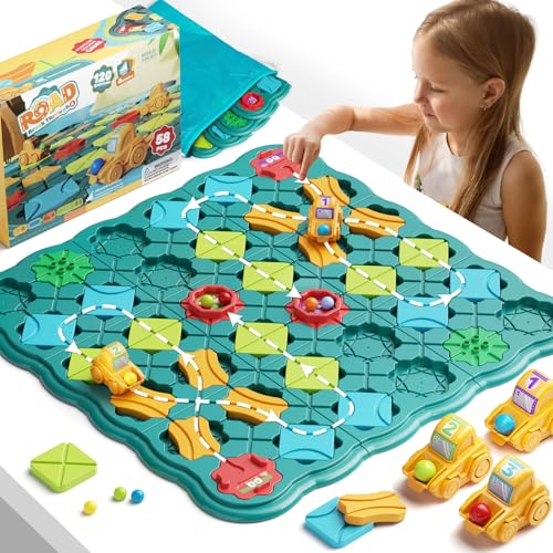 burgkidz Logischer Straßenbauer Brettspiele für Kinder 4 5 6 7 8 Jahre Jungen, 57 x 57 cm Großes Brett Labyrinth Puzzle Logik Spiel mit 3 Rückzugbagger, Geschenke Kinderspielzeug für Alter 4-8 von burgkidz