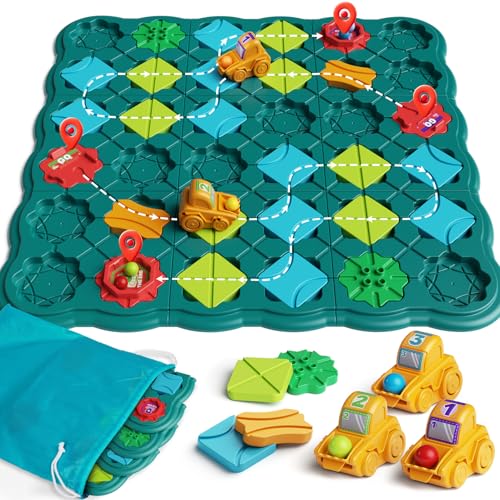 burgkidz Logischer Straßenbauer Brettspiele für Kinder 4 5 6 7 8 Jahre Jungen, 57 x 57 cm Großes Brett Labyrinth Puzzle Logik Spiel mit 3 Rückzugbagger, Geschenke Kinderspielzeug für Alter 4-8 von burgkidz