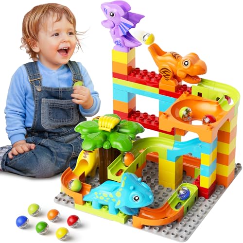 burgkidz Murmelbahn Bauklötze Dinosaurier Set, 78-teiliges Interaktive Kugelbahnen Labyrinth Spiel Kompatibel Konstruktionsspielzeug, STEM Pädagogisches Geschenk für Kinder Alter von 3+ Jahren von burgkidz