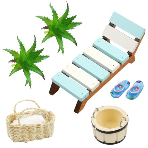 burkfeeg Miniatur-Ornament-Set, Mini Strandkorb Korb Hausschuhe Eimer Badetuch Deko Accessoires, Strand-Mikrolandschaft, für DIY, Einzigartiges Geschenk Garten Dekoration Sauna Zubehör Geschenk von burkfeeg