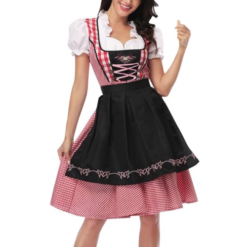 Damen Oktoberfest Kleid Rot Plaid V-Ausschnitt mit Schürze Party und Karneval Kostüm für Halloween, Schwarz Rot, Einheitsgröße von byepica