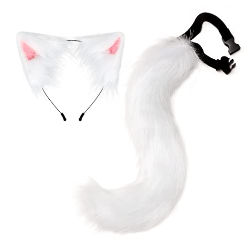 byepica 【Flauschiger Halloween-Schwanz】19 Faux Tail Cosplay Zubehör mit Ohr Stirnband, Weiss/opulenter Garten, Einheitsgröße von byepica