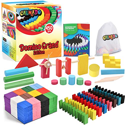 calmado - Domino Spiel 450 teilig Dominosteine aus Holz, Spielzeug ab 3 Jahre - Bausätze für Kinder - Domino Grand Edition im Set + Tasche + Anleitung + Accessoires von calmado