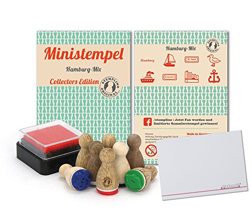 cama24com Holz-Stempel Kinderstempel Hamburg-Mix 8 Stück Mini Mitgebsel Gastgeschenke mit Palandi® Notizblock von cama24com