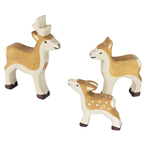 cama24com Holztiger REH Rehkitz und Rehbock Set mit 3 Holzfiguren Holzspielzeug Tierfiguren mit Palandi® Sticker von cama24com
