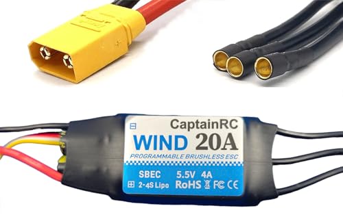 captainrc 20A ESC with 5.5V/4A BEC 2-4S Electric Speed Controller with XT60 & 3.5mm Bullet Plugs for Fixed Wing Airplane/RC Drone Airplane/Brushless Motors von captainrc