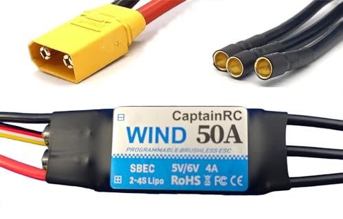 captainrc 50 ESC with 5V 6V/4A BEC 2-4S Electric Speed Controller with XT60 & 3.5mm Bullet Plugs for Fixed Wing Airplane/RC Drone Airplane/Brushless Motors von captainrc