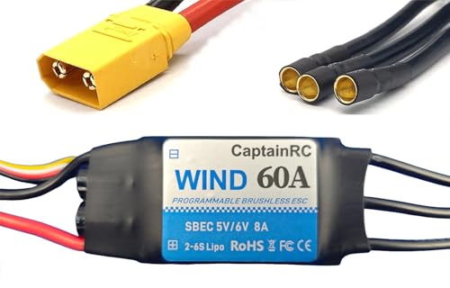 captainrc 60 ESC with 5V 6V/8A BEC 2-6S Electric Speed Controller with XT60 & 3.5mm Bullet Plugs for Fixed Wing Airplane/RC Drone Airplane/Brushless Motors von captainrc