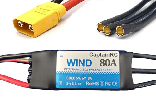 captainrc 80A ESC with 5V 6V/8A BEC 2-6S Electric Speed Controller with XT60 & 3.5mm Bullet Plugs for Fixed Wing Airplane/RC Drone Airplane/Brushless Motors von captainrc