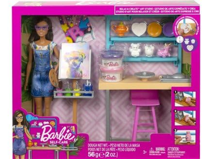 Set für Barbie Malwerkstatt + Puppen und 26 Zubehörteile – Puppe Malerei – Künstlerset und eine Tierkarte von cavernedesjouets