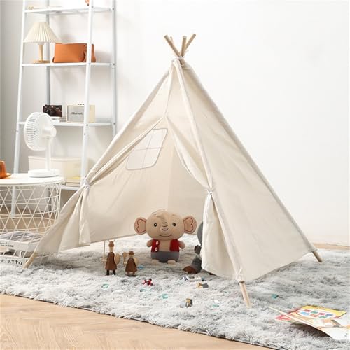 Tipi Zelt für Kinder, kinderzelt Indoor, Waschbar Kinderzelt, Segeltuch Kinderzelt, Kinderzelt aus Massivholz, Spielhaus Kinder für Drinnen und Draussen (1.35 M,Beige) von champracer