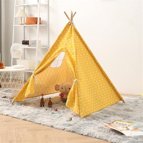 Tipi Zelt für Kinder, kinderzelt Indoor, Waschbar Kinderzelt, Segeltuch Kinderzelt, Kinderzelt aus Massivholz, Spielhaus Kinder für Drinnen und Draussen (1.35 M,Beige Gelb) von champracer