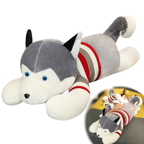 champracer Husky Plüschtier Groß, Husky Kuschelkissen Mit Kleidung, Stofftier Riesen Plüsch Weiches Kinderplüschtier Schlafkomfort Kissen Spielzeug, Plüschtier Schwarz Husky Hund Liegend (170 cm) von champracer