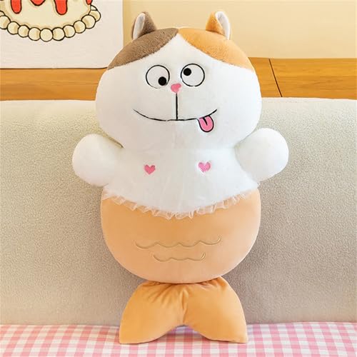 champracer Meerjungfrau Katzen Kuscheltier Kissen, Katzen Meerjungfrau Plüschpuppe Plüschtier Spielzeug, Weiche Plüsch Katze Fisch Stofftierpuppe Kissen Geschenk Für Kinder Mädchen (80 cm,Gelb) von champracer