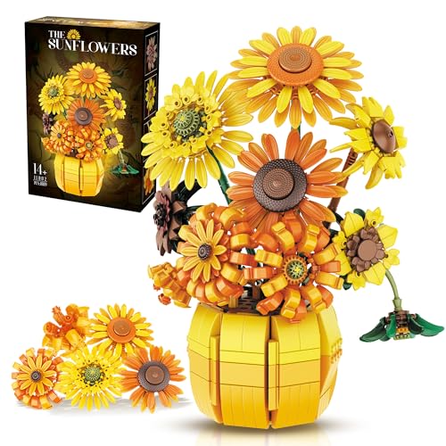 chanbrick Sonnenblumen-Bauset Blumen mit Vase Van Gogh Botanical Collection für Erwachsene -1009 Teile von chanbrick