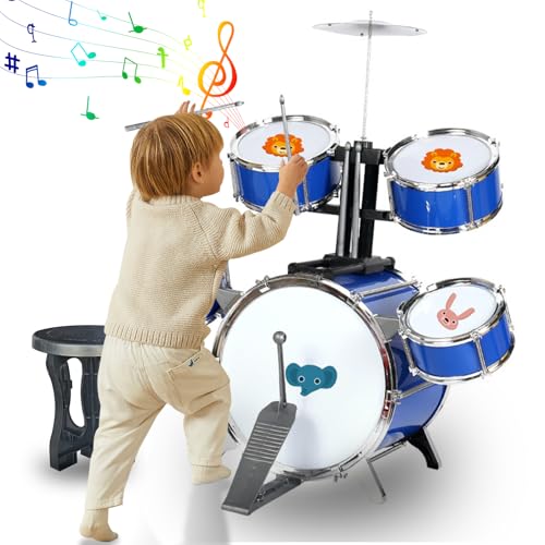 Chinliengu Drum Set Toy 5 Drums with Stool Percussion Musical Toy Gift for Children Jazz Drums Music Toy from 3-8 Years Blue Drums Drum Kit von chinliengu