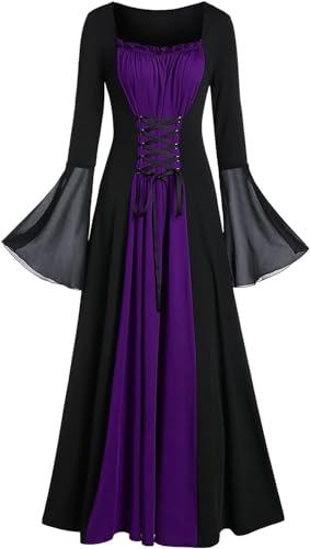 Damen Halloween Kleid Gotische Vintage Hexenkostüm Renaissance Faire Kostüme Flare Ärmel Abendkleider Vampir Cosplay Karneval Kostüm Schnürung Mittelalter Langes Steampunk Cocktailkleid(Violett,S) von chuangminghangqi