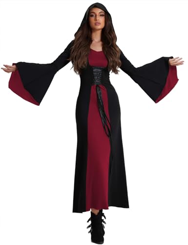 Damen Karneval Kleid Gotische Vintage Hexenkostüm Renaissance Faire Kostüme Flare Ärmel Abendkleider Vampir Cosplay Halloween Kostüm Schnürung Mittelalter Langes Cocktailkleid mit Kapuze(Weinrot,S) von chuangminghangqi