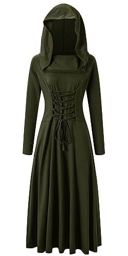 Damen Renaissance Kostüm Kleid mit Kapuze Langarm Mittelalter Langes Kleid Retro Schnürung Gothic Robe Kostüm-Partys Cocktailkleid Maskeradekostüme Geeignet für Cosplay und Halloween(S,Grün) von chuangminghangqi