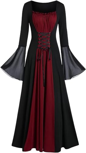 Gothic Cosplay Damen Langarm Langes Kleid für Themenpartys oder Halloween Mittelalter Kontrastfarben Steampunk Kostüm Piratenkleid Viktorianisches Festliches Cocktailkleid Karnevalskostüm(Weinrot,XL) von chuangminghangqi